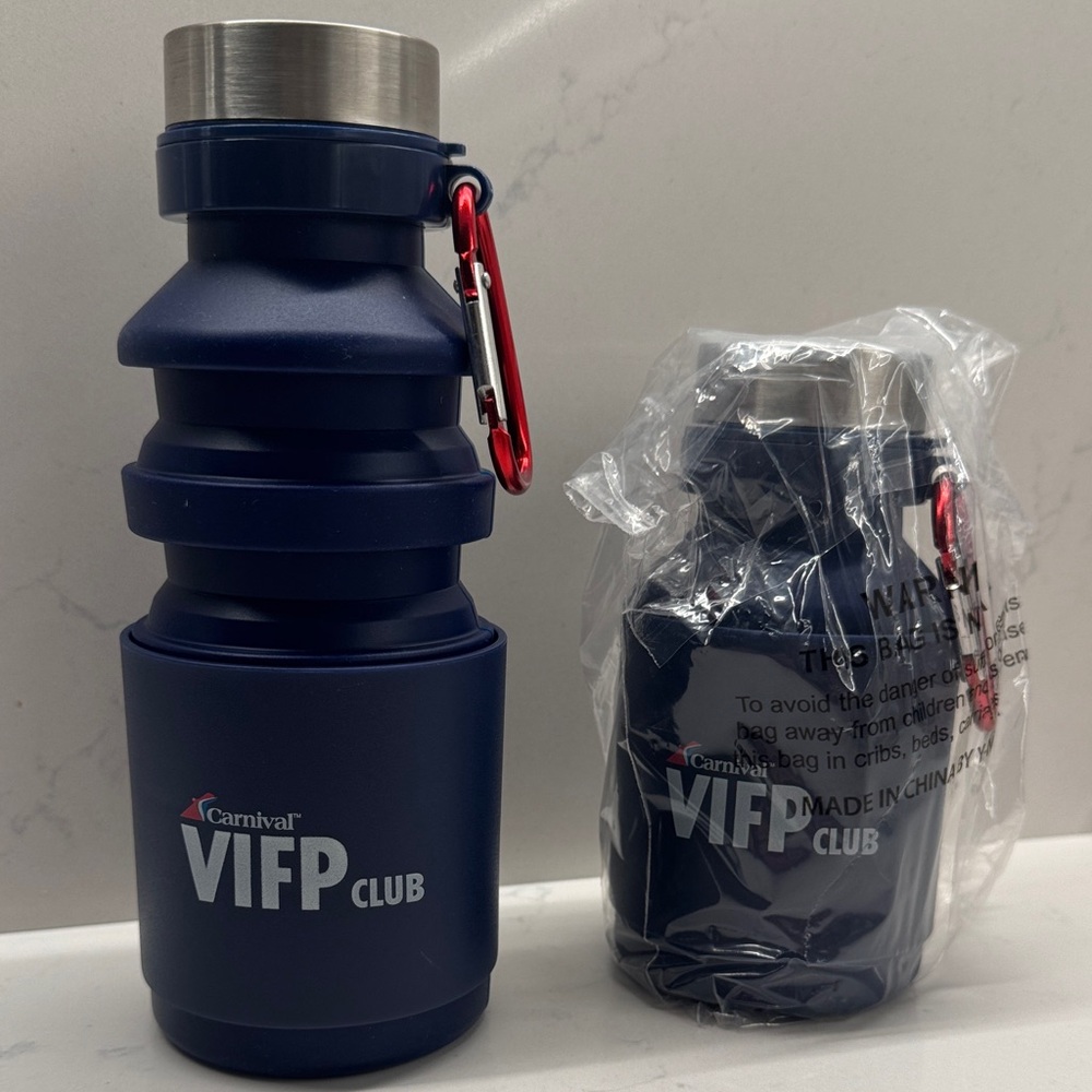 Carnival Cruise VIFP club- Navy Collapsible Bottle with Red Carabiner